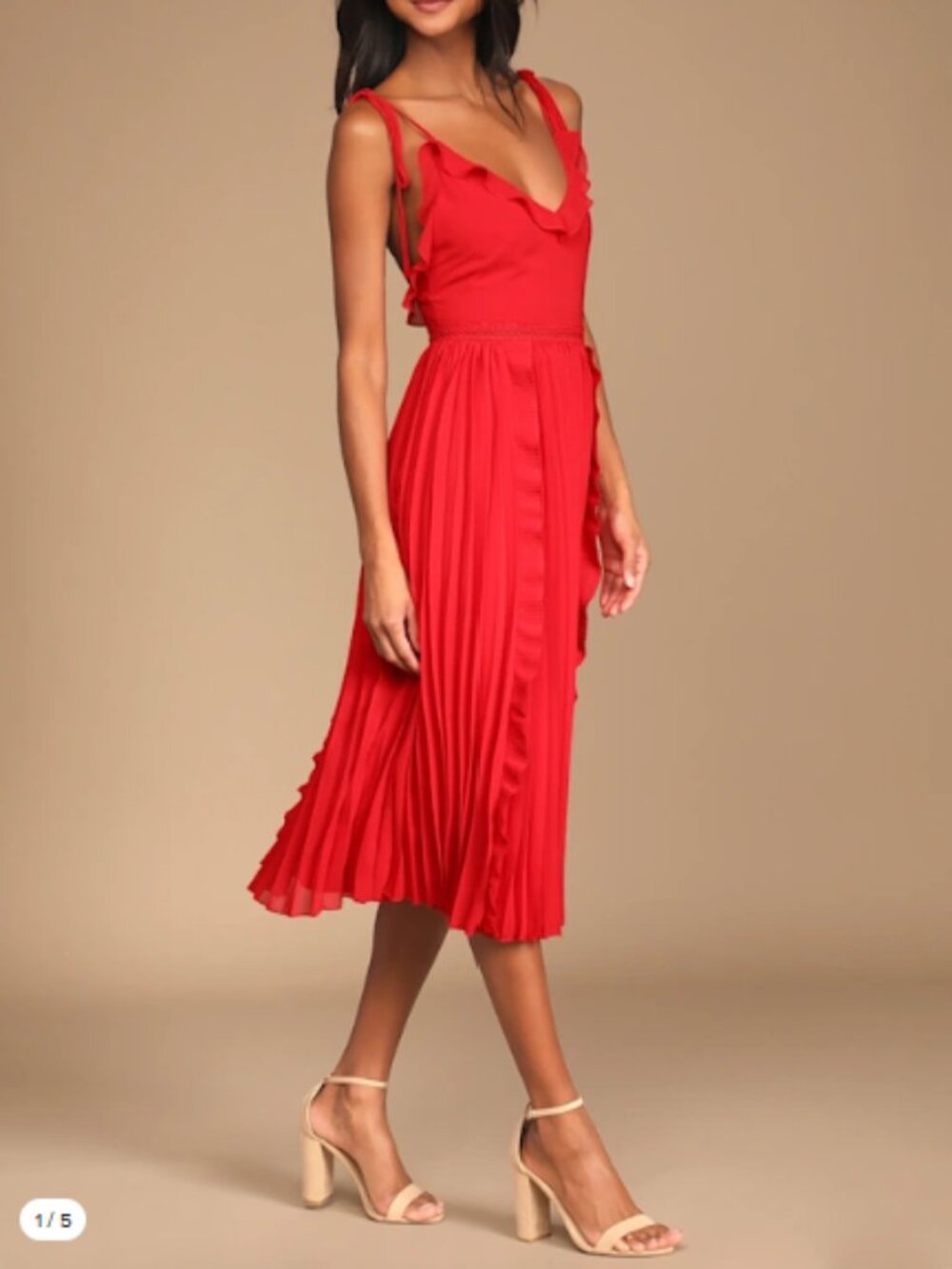 Lulus Never a Dull Moment Bright Red Tie-Strap Pleated Midi Dress (Size: L)